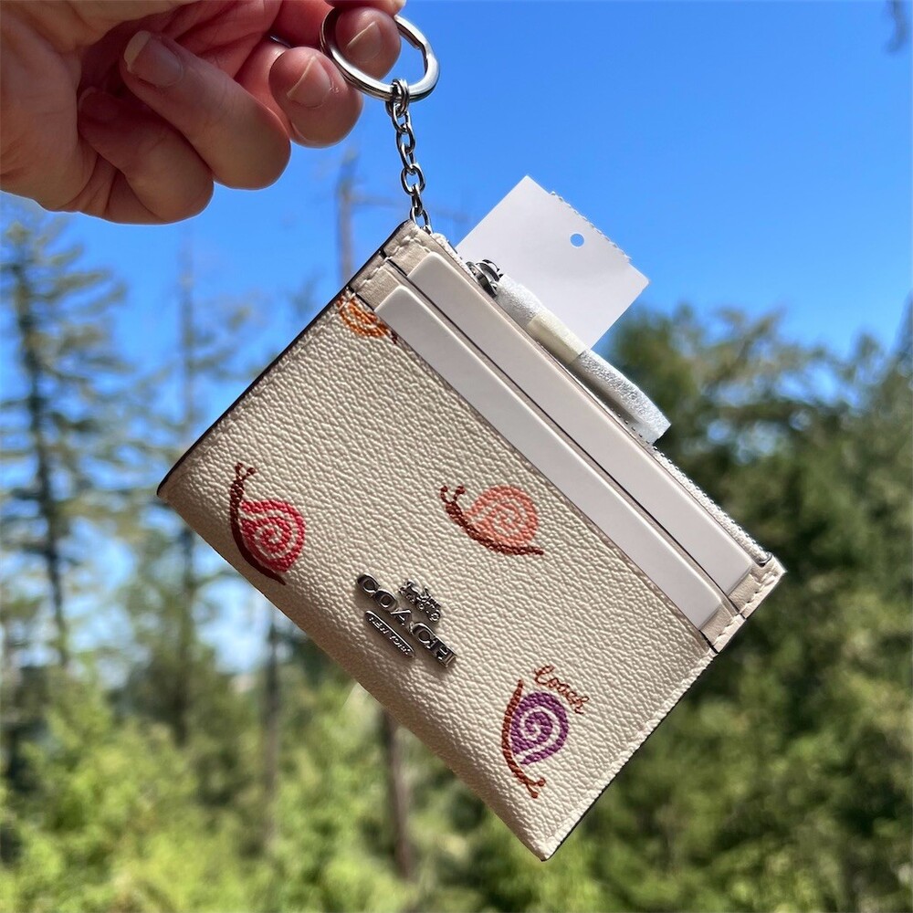 COACH Mini Skinny Card Case Id Case Keychain Wallet Snail Print Silver Hardware - Picture 1 of 10